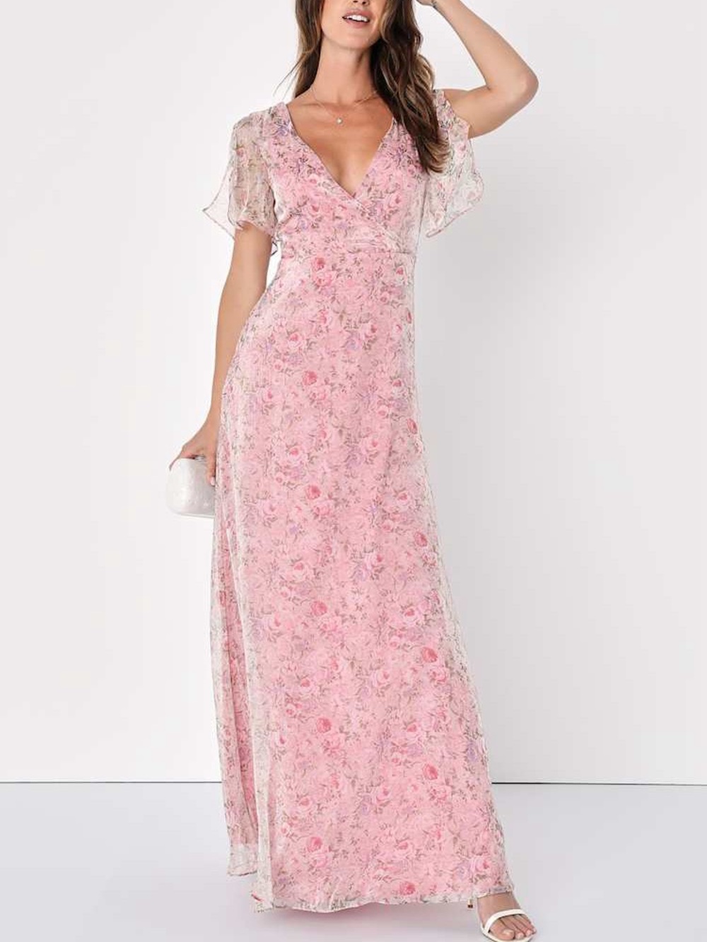 Lulus Dreamiest Desires Pink Floral Flutter Sleeve Maxi Dress 40045